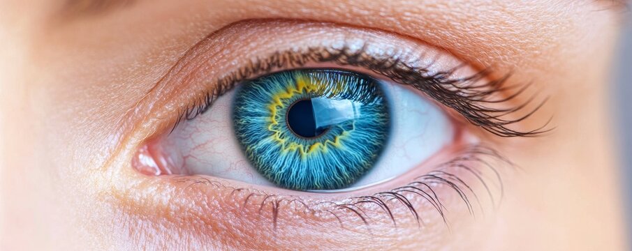 close-up of a blue eye with intricate iris pattern, macro photography. beauty and uniqueness concept