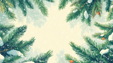 Beautiful illustration of snow-covered pine branches framing a soft background. Perfect for winter-themed projects and holiday greetings