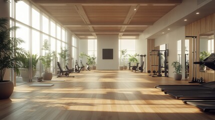 Fototapeta premium Modern gym interior with wooden floors, minimalist design, and fitness equipment. Clean contemporary space club for exercise and training, promoting a healthy lifestyle in empty room environment