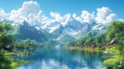 Serene mountain landscape with a tranquil lake and lush greenery.