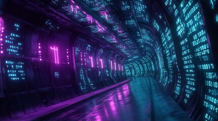Futuristic tunnel with neon lights and glowing patterns, perfect for tech-themed designs.