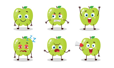 funny green apple cartoon with many expressions vector illustration