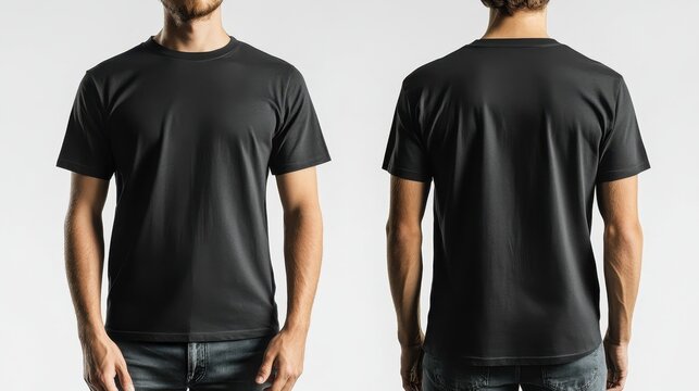 Mockup of black t-shirt on person front and back view on white background. Place for yours print design