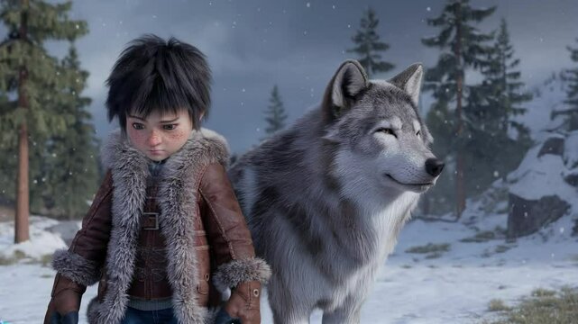 A young boy, clad in a brown jacket, walks beside a large grey wolf in a snowy forest. The wolf is smiling, suggesting a friendly bond between the two.