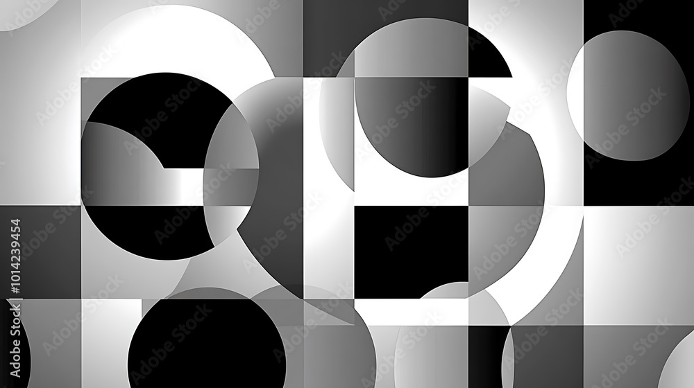 Poster Abstract black and white pattern of overlapping circles and squares.