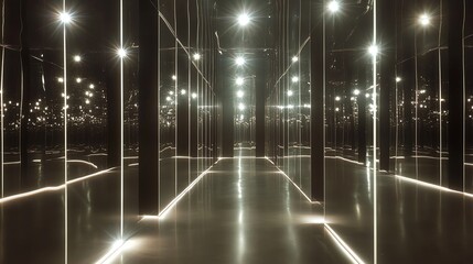Modern corridor with reflective walls and overhead lights creating an illusion of depth.