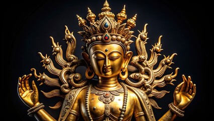 The photo shows a detailed representation of the gilded four armed form of Avalokiteshvara made of metal illuminated against a black background executed in the traditional Tibetan style