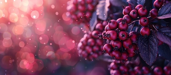 Closeup of lush ripe purple berries hanging on vine in a vineyard or orchard with a soft blurred bokeh background  Concept of healthy organic seasonal produce autumn harvest and natural vitality
