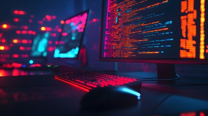 A close-up of a computer desk in a dimly lit room with a keyboard, mouse, and two monitors displaying code. The monitors are illuminated with red and blue lights.