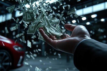 Luxury car showroom with cash raining down as a person throws money to purchase a car, throw money, spending, money rain