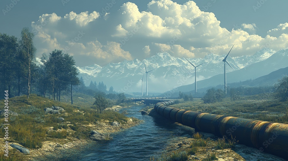 Poster natural landscape with pipeline and wind turbines generative ai image
