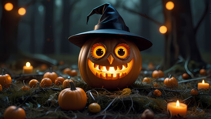 Owl wearing Halloween-themed accessories, such as a tiny witch hat, a spooky cape, or a pumpkin pendant