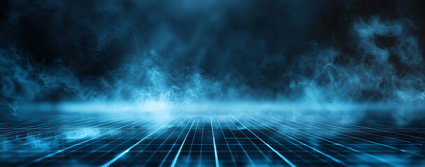 Futuristic blue-lit foggy room, glowing grid floor