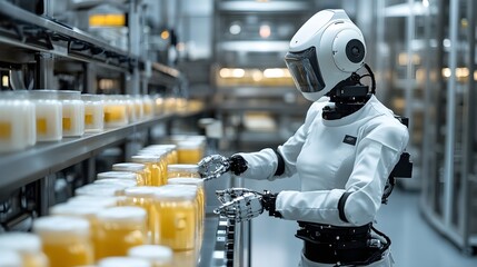 AI algorithms guiding robotic systems as they conduct precision quality checks on food production lines in a highly advanced industrial setting