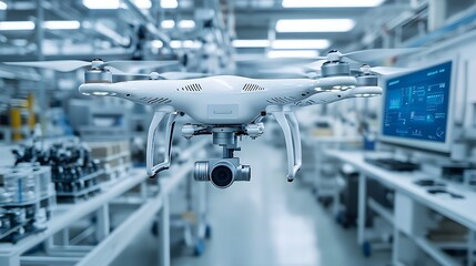 Naklejka premium Sleek industrial food production plant, drones conducting contaminant scans, AI control screens displaying real-time production data, highly efficient systems