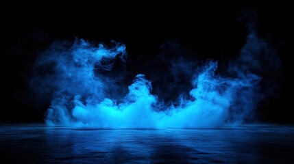 Fototapeta premium illuminated stage for mockup with blue lights and smoke on black background, Generative Ai