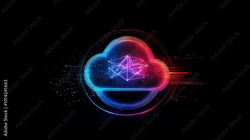 Poster A glowing cloud computing icon with a futuristic, digital design and abstract lines.