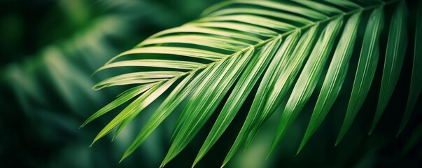 Palm leaf close-up with blurred background. Nature and tranquility concept