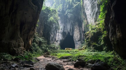 Massive cave entrance formed by erosion, with jagged rocks and overhanging vegetation