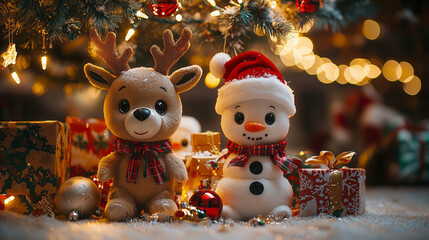 Christmas-themed plush toys dressed as reindeer and snowmen under a sparkling tree