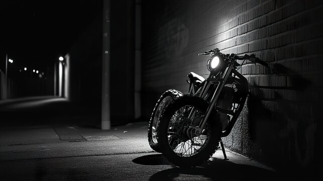 Fototapeta Black and White Motorcycle at Night in Urban Alley