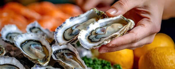 Fresh oysters being shucked at a seafood market stall, with an assortment of fish and shellfish on display, oyster shucking, seafood, preparation