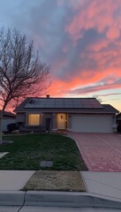 Fototapeta premium A single-story house with solar panels on the roof is bathed in the warm glow of a sunset.