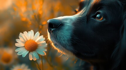 Closeup of dog and daisy flower, spring concept. Generative AI