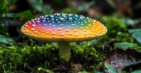 A vibrant rainbow-colored mushroom with white spots grows on a bed of green moss.