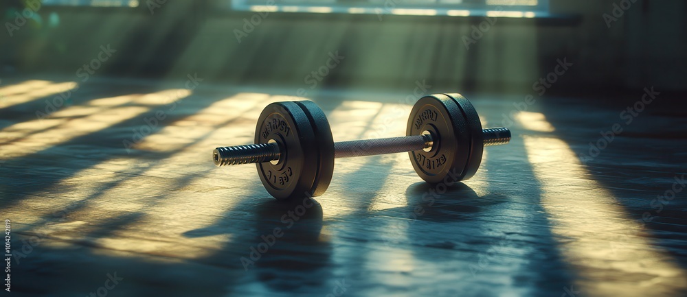 Poster a dumbbell lying on the floor of an empty gym, bathed in soft morning light. the focus is sharp and 
