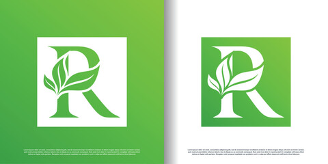 initial r logo design template with leaf icon and creative concept premium vector