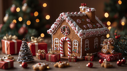 Gingerbread house toy set next to small holiday presents