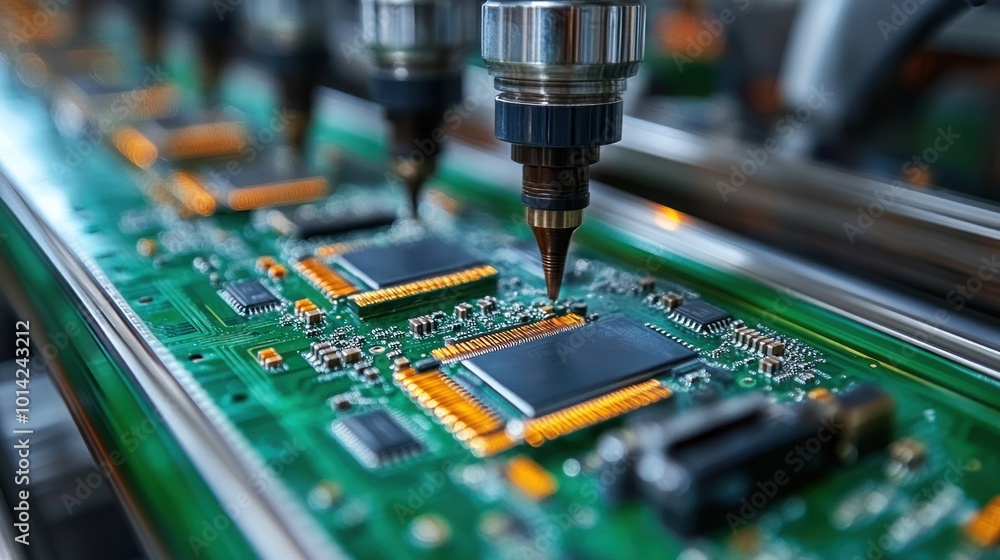 Poster close-up of automated machinery assembling circuit boards.