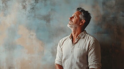 Fototapeta premium A Man with a White Beard Looking Upward Against a Textured Wall