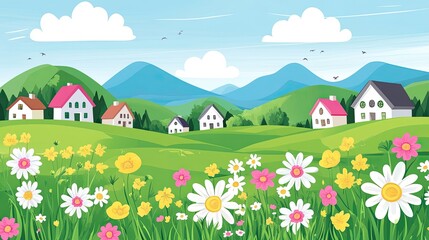 Fototapeta premium A vibrant, cartoon-style illustration of a picturesque village nestled amidst rolling green hills and blooming wildflowers against a backdrop of distant mountains and a clear blue sky.