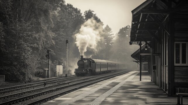 Vintage steam train traveling through a misty forest, captured in sepia tones