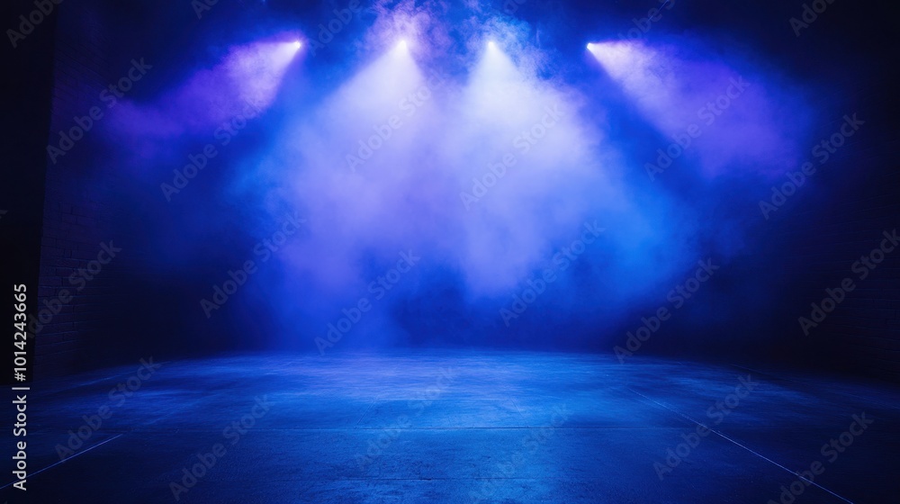 Poster blue and purple spotlights are illuminating an empty stage, casting a hazy glow and creating anticip