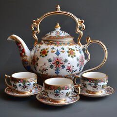 Elegant Floral Patterned Porcelain Tea Set with Teapot, Cup, Saucer, and Milk Jug on Marble Surface in Soft Lighting, Vintage Tea Set on Lace Tablecloth ,Exquisite porcelain tea set, Vintage,  

