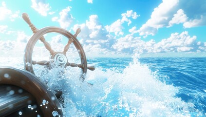 A wooden ship's wheel partially submerged in blue water with foamy waves, and a bright blue sky with fluffy white clouds.