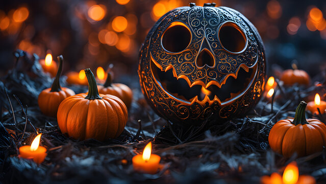 Unique and cute Halloween concept background, Unique Jack-o-lantern, Halloween pumpkin wallpaper, close-up of Halloween pumpkins, ai generated