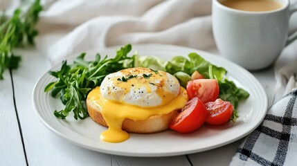 A plate of eggs Benedict with hollandaise sauce, served with a side of fresh greens and a cup of coffee