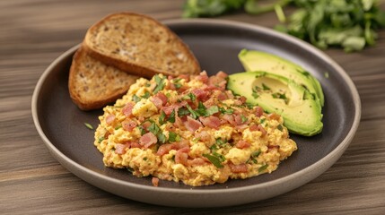 A plate of scrambled eggs with crispy bacon, toasted bread, and a side of sliced avocado, placed on a wooden table.
