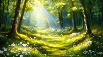 Obraz premium A quiet forest clearing with sunlight streaming through the trees, illuminating a bed of soft moss and wildflowers