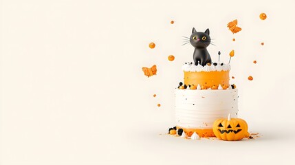 Fototapeta premium A whimsical Halloween-themed cake featuring orange frosting, a black cat figurine on top, and pumpkin decorations, set against a light background.