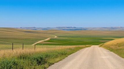 Fototapeta premium A quiet rural landscape with farm fields leading to the distant horizon under a bright blue sky