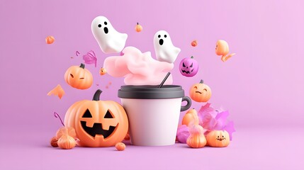 Fototapeta premium A whimsical Halloween scene featuring playful ghosts, pumpkins, and a cup, all set against a soft pink background.