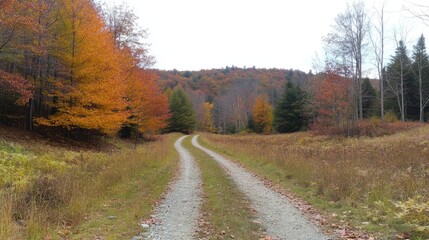 Obraz premium A quiet rural road cutting through a forest of autumn-colored trees, leading into the distance under a clear sky.