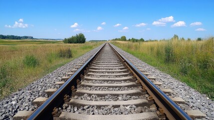 Fototapeta premium A railroad track disappearing into the horizon under a blue sky with a few scattered clouds, symbolizing a journey.