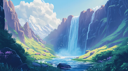 A raging waterfall in a lush valley. Lush Canyon. Illustration