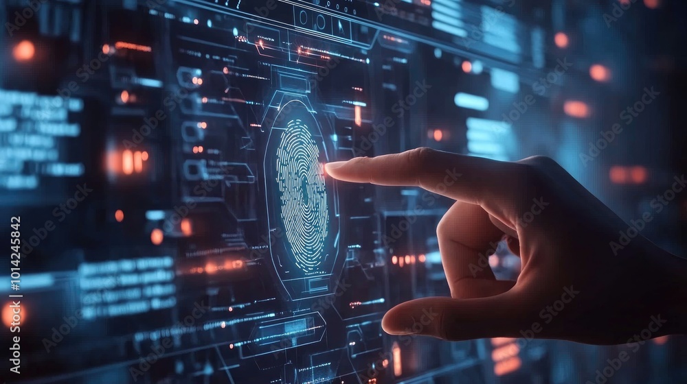 Poster a digital concept of a fingerprint scanner interface with bright lines and security codes, visualizi